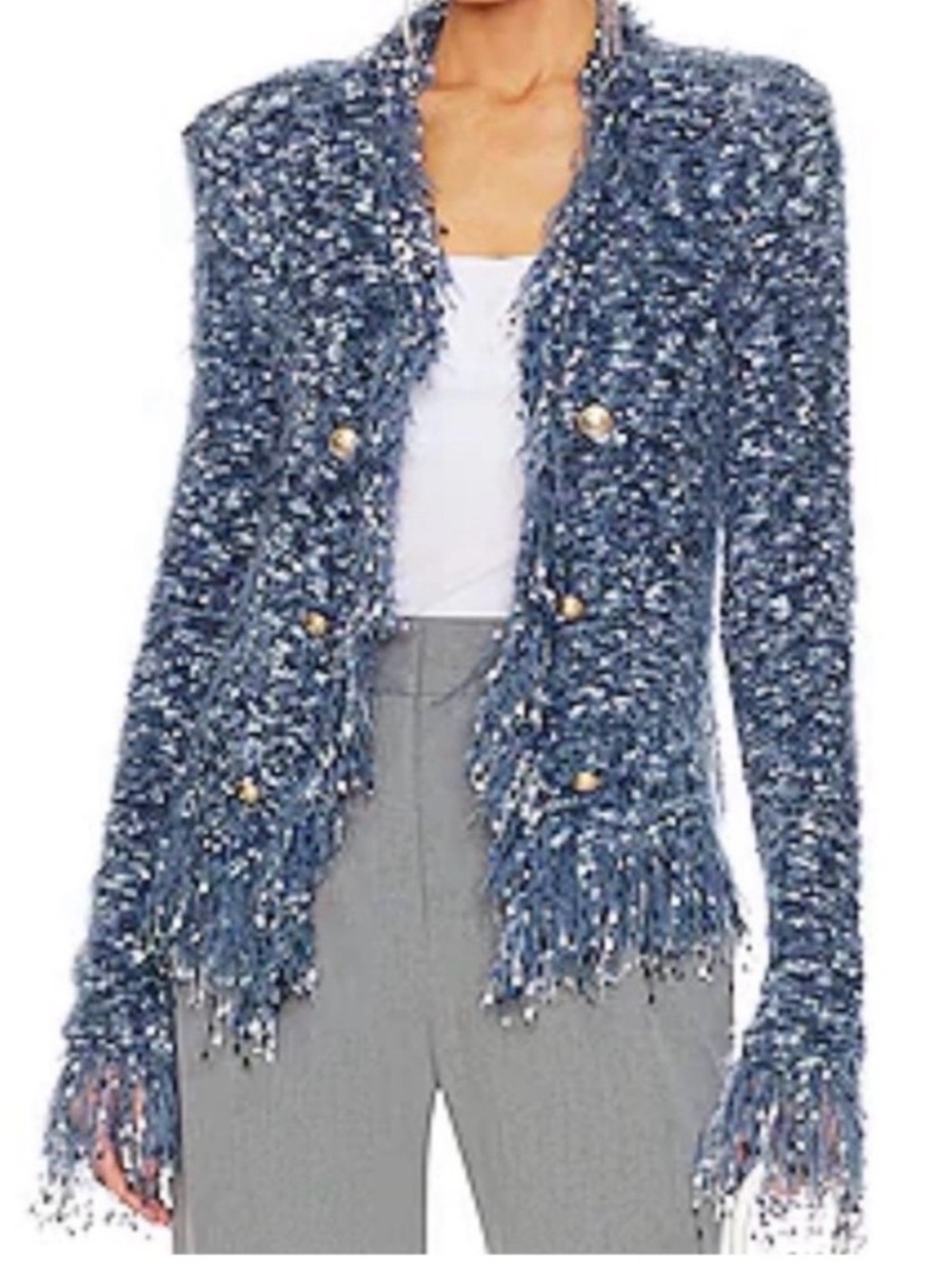 L’Agence Azure Blue Fuzzy Fringe Tweed Cardigan XXS